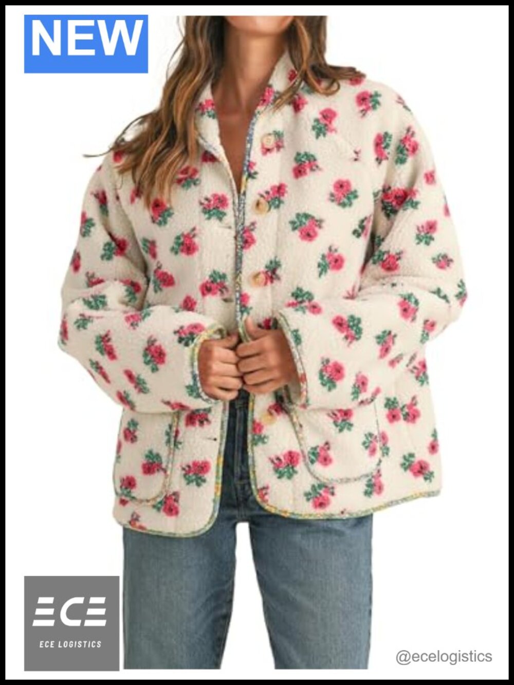 Sherpa Fleece Jacket Button Up Oversized Teddy Coat with Pockets